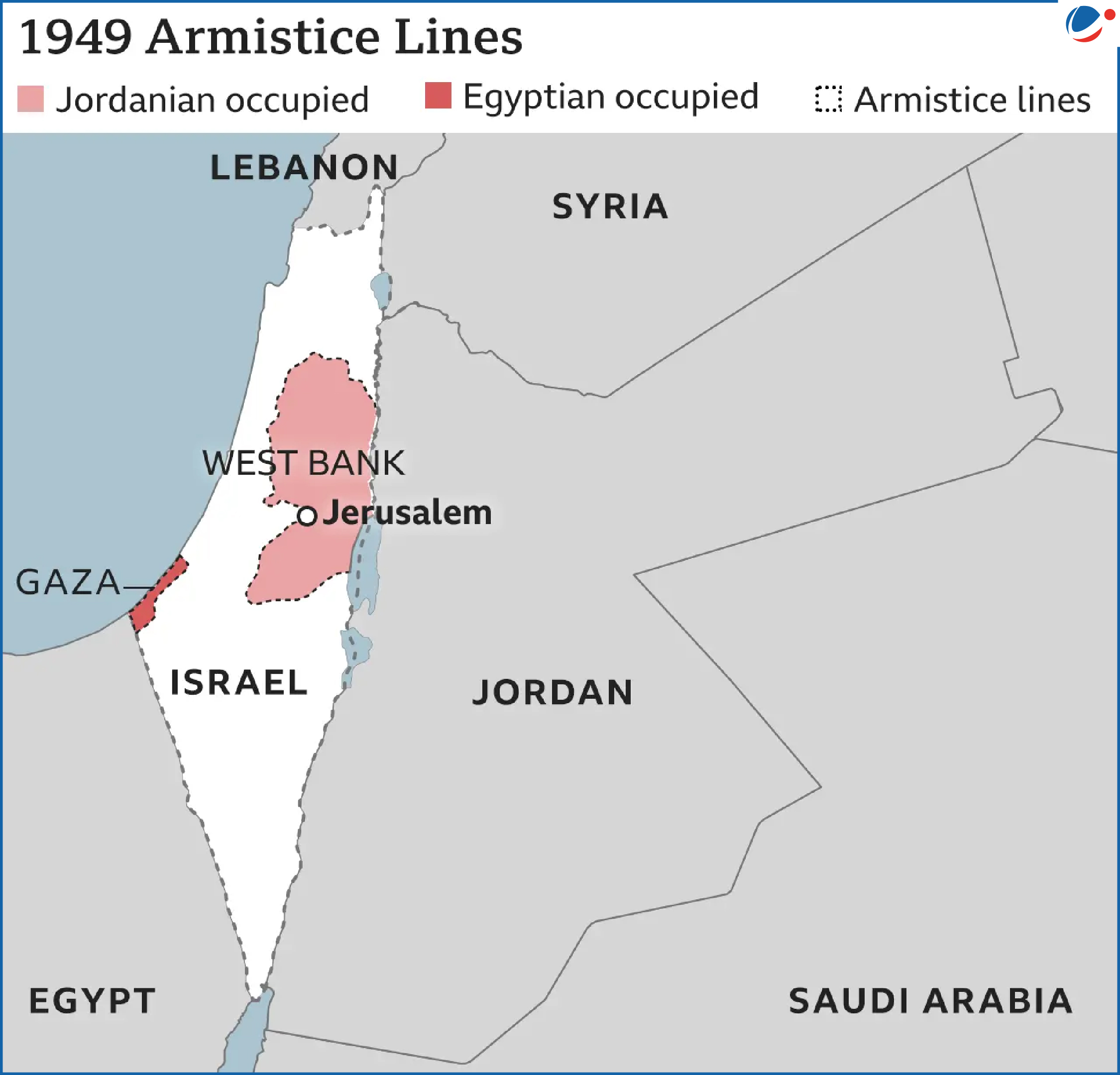 An image showing Green line between Israel and its neighbouring countries and Palestine.