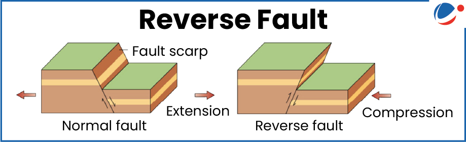 Diagram showing the difference between a normal fault and a reverse fault. On the left, a normal fault occurs under extension, with the hanging wall moving downward relative to the footwall, creating a fault scarp. On the right, a reverse fault forms under compression, with the hanging wall moving upward relative to the footwall