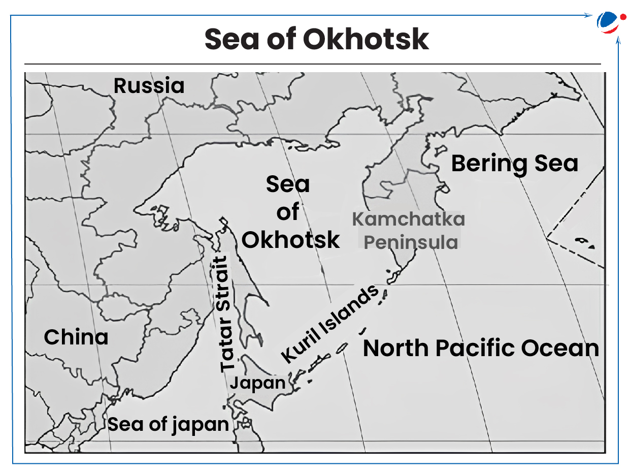 Map titled "Sea of Okhotsk" showing the geographical location of the Sea of Okhotsk and surrounding areas. The map includes parts of Russia, China, and Japan, as well as various bodies of water. The Sea of Okhotsk is centrally located, bordered by Russia to the north and west, the Kamchatka Peninsula to the east, and the Kuril Islands to the south. Other labeled features include the Bering Sea to the northeast, the North Pacific Ocean to the southeast, the Sea of Japan to the southwest, and the Tatar Strait between mainland Russia and Sakhalin Island.