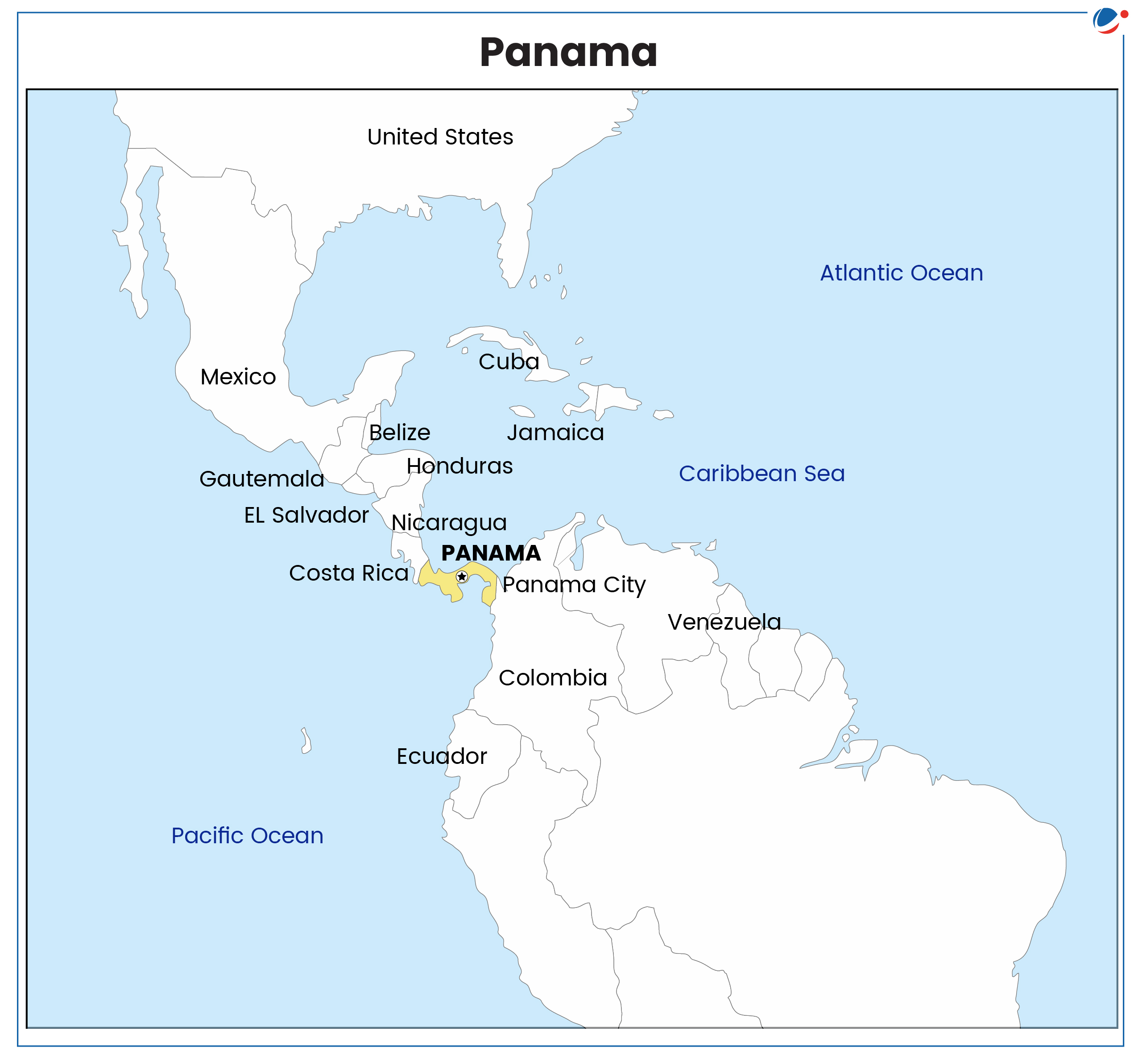 Map highlighting Panama in Central America, with labeled countries including Mexico, Guatemala, Belize, El Salvador, Honduras, Nicaragua, Costa Rica, Cuba, Jamaica, Haiti, Dominican Republic, Colombia, Venezuela, Ecuador, Brazil, and surrounding oceans.