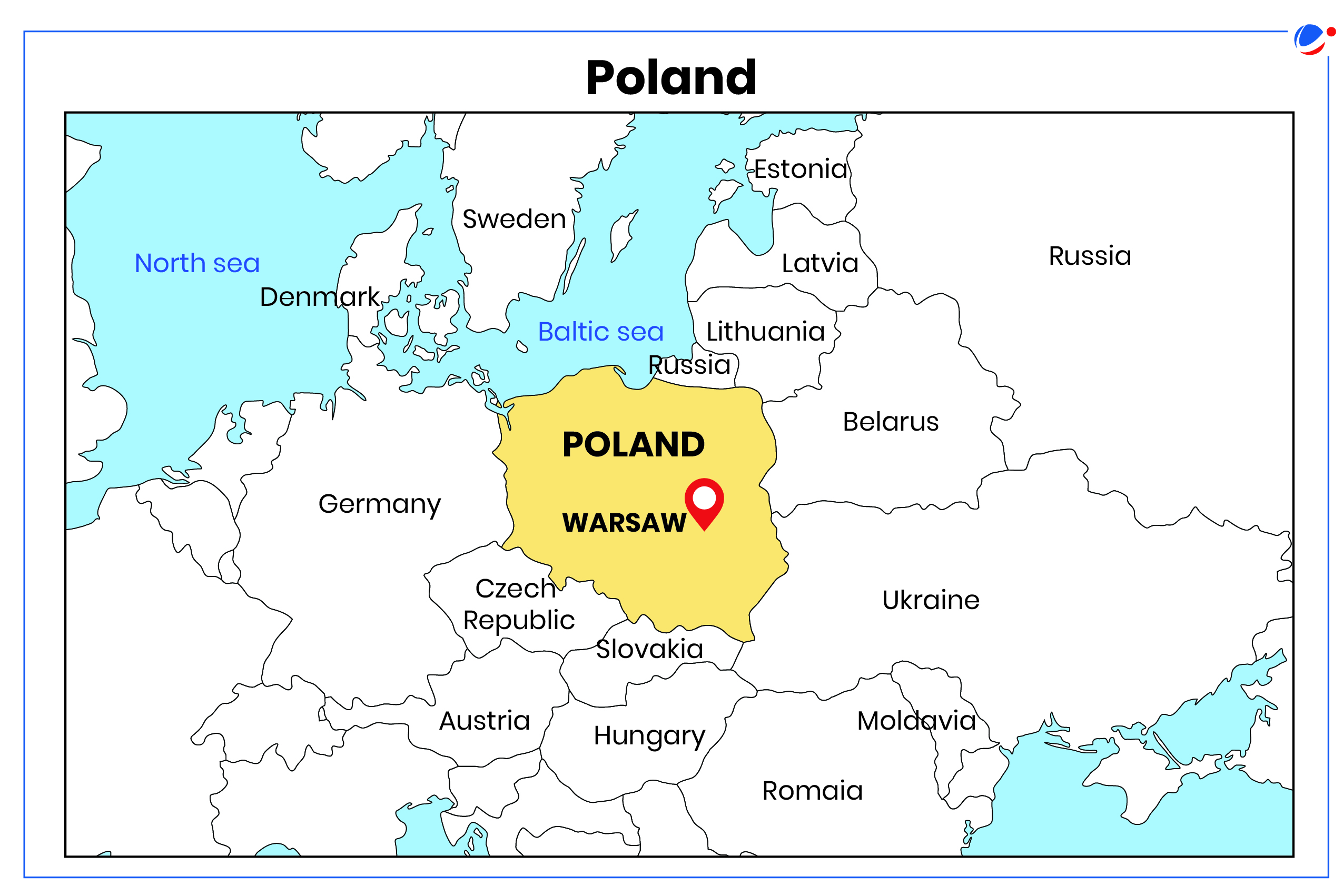 An infographic map highlighting Poland with its capital Warsaw. Map also shows its neighbouring countries as Russia, Lithuania, and Belarus to the East; Ukraine to the Southeast, Slovakia to the South; Czech Republic to the Southwest; and Gernamy to the West. Baltic Sea to the north of Poland is also shown on the map.