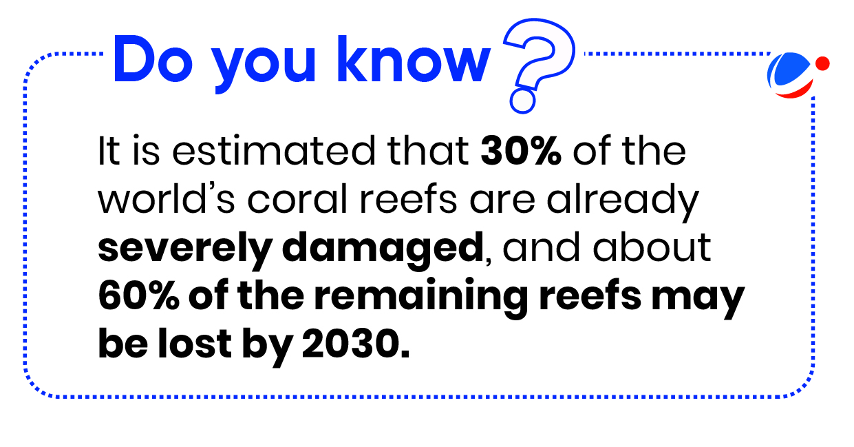 Text on a white background reads: "Do you know? It is estimated that 30% of the world’s coral reefs are already severely damaged, and about 60% of the remaining reefs may be lost by 2030." The text is framed with a dotted blue border and a small red and blue graphic.