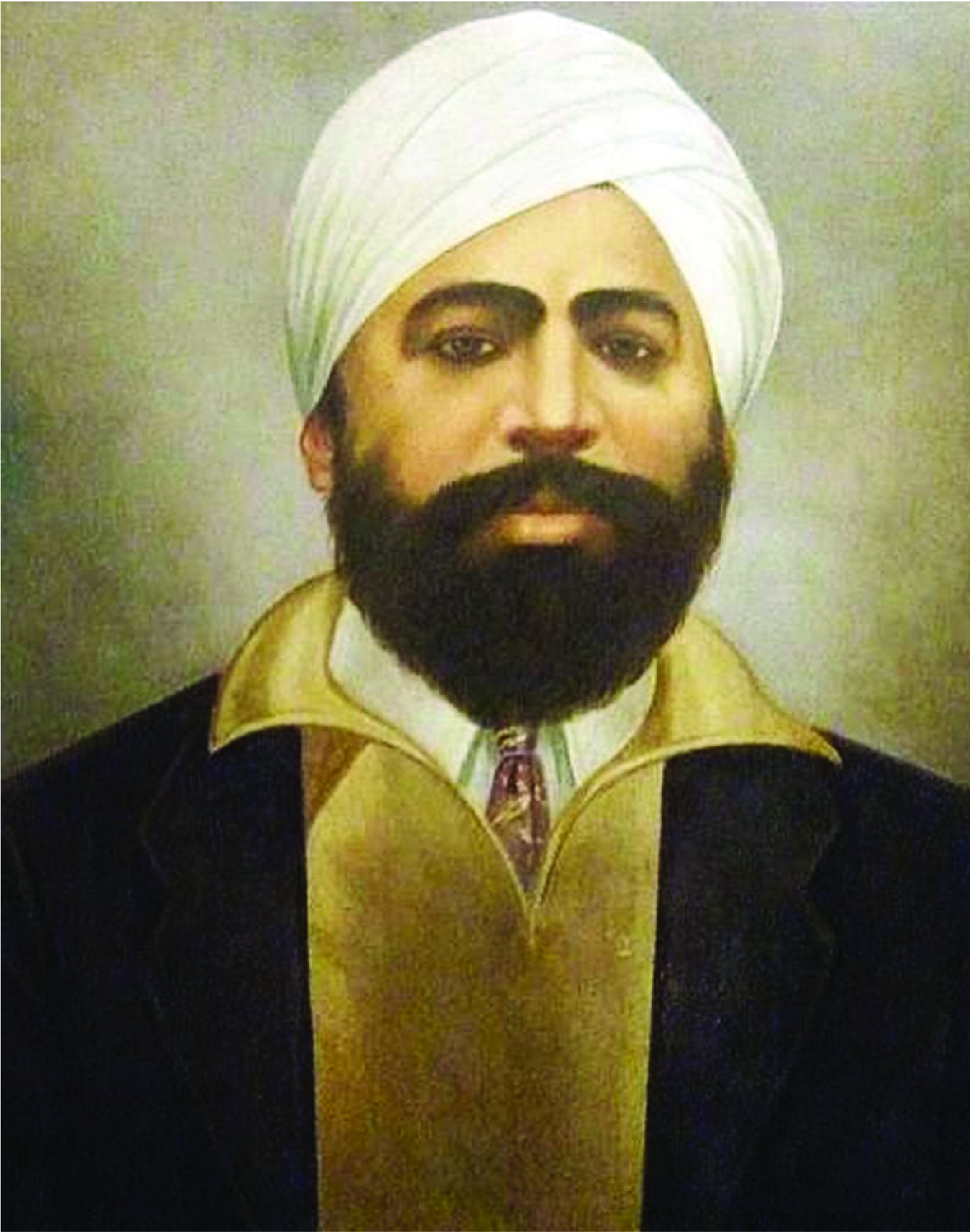 A portrait of a man with a prominent beard and mustache, wearing a white turban, white shirt, brown coat, and black jacket. He has a somber expression and appears to be dressed in traditional attire. The background is a plain gradient.