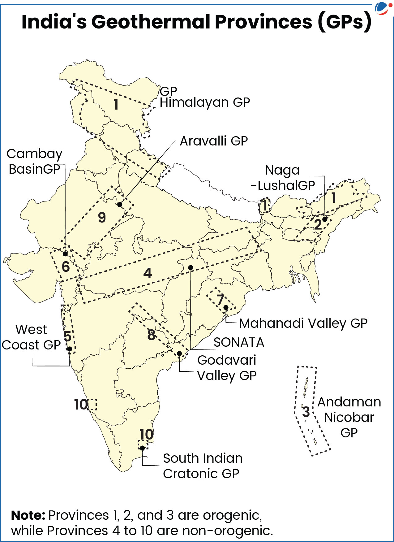 10 geothermal provinces in India marked on a map