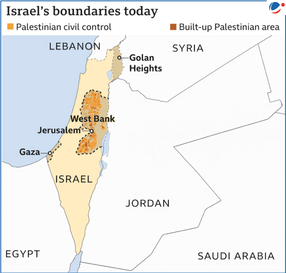 A map showing Israel and Palestine Boundaries.