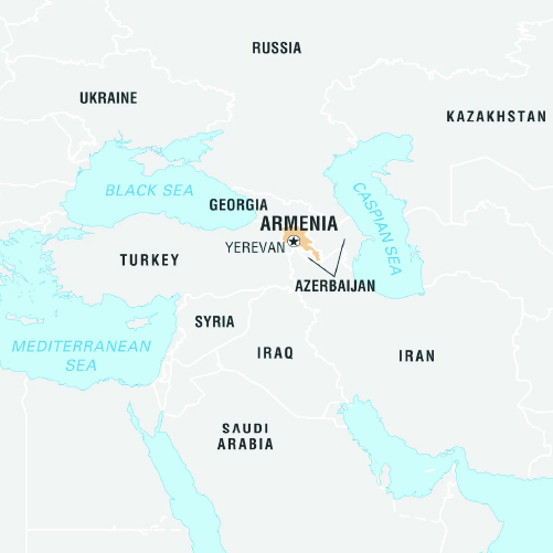 Map highlighting Armenia and its surrounding countries including Turkey, Iran, Azerbaijan, and Georgia. Armenia is marked with a star indicating its capital, Yerevan. Nearby seas include the Black Sea, Caspian Sea, and the Mediterranean Sea.