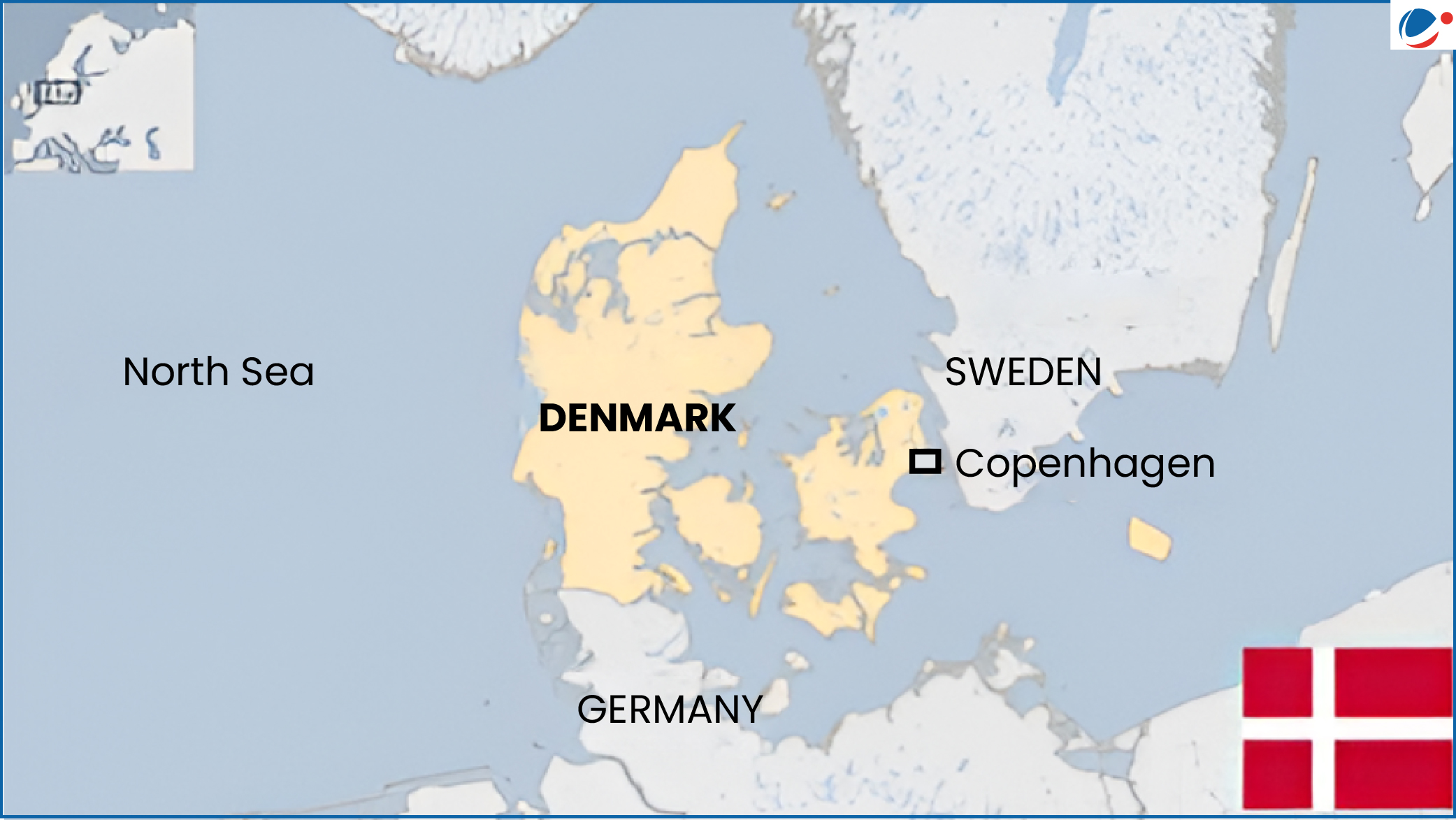 Map of Denmark in yellow with neighbors Germany, Sweden, and the North Sea; Copenhagen marked; Danish flag shown.
