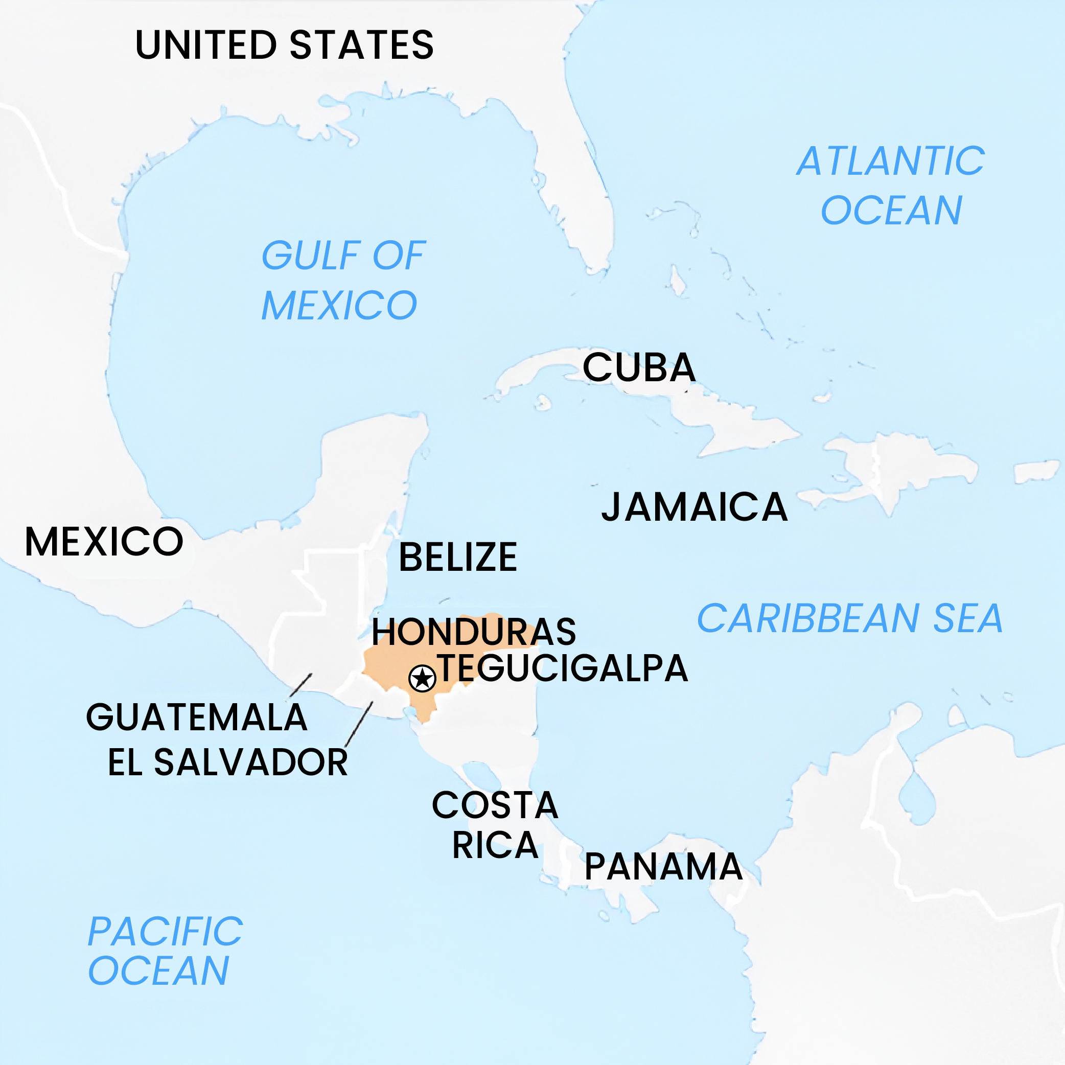The below map show countries of central amarica highlighting Honduras.