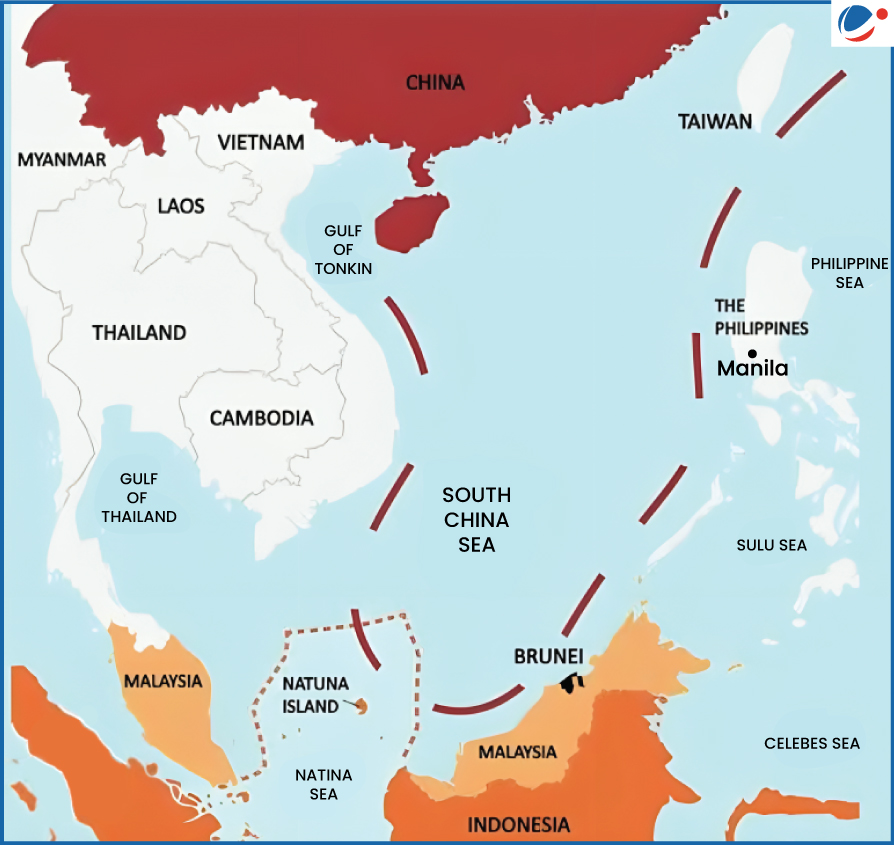 A map of Southeast Asia and the South China Sea showing territorial claims by China, marked in red. Highlighted regions include Vietnam, Taiwan, the Philippines, Malaysia, Brunei, and Indonesia. Key bodies of water such as the Gulf of Tonkin and Gulf of Thailand are labeled.