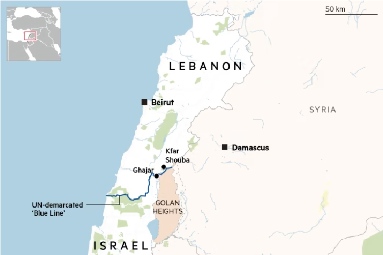 A map depicting the UN-demarcated "Blue Line" between Israel and Lebanon, running near key locations such as Ghajar and Kfar Shouba, with Golan Heights highlighted to the southeast. It also shows nearby cities like Beirut in Lebanon and Damascus in Syria for geographical context.