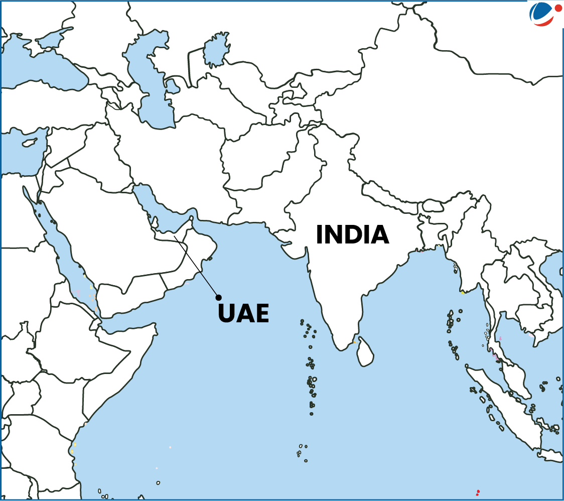 A map of South Asia and surrounding regions highlighting the countries of India and the UAE. India is prominently labeled in the center, and the UAE is labeled to the west across the Arabian Sea.