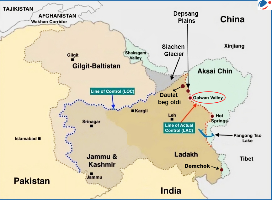 The image depicts a map of the northern part of India, highlighting areas along the Line of Control (LoC) with Pakistan and the Line of Actual Control (LAC) with China. Key locations such as Aksai Chin, the Siachen Glacier, the Galwan Valley, Daulat Beg Oldi, and the Pangong Tso Lake are marked. The map outlines disputed territories between India, Pakistan, and China in the Ladakh region.