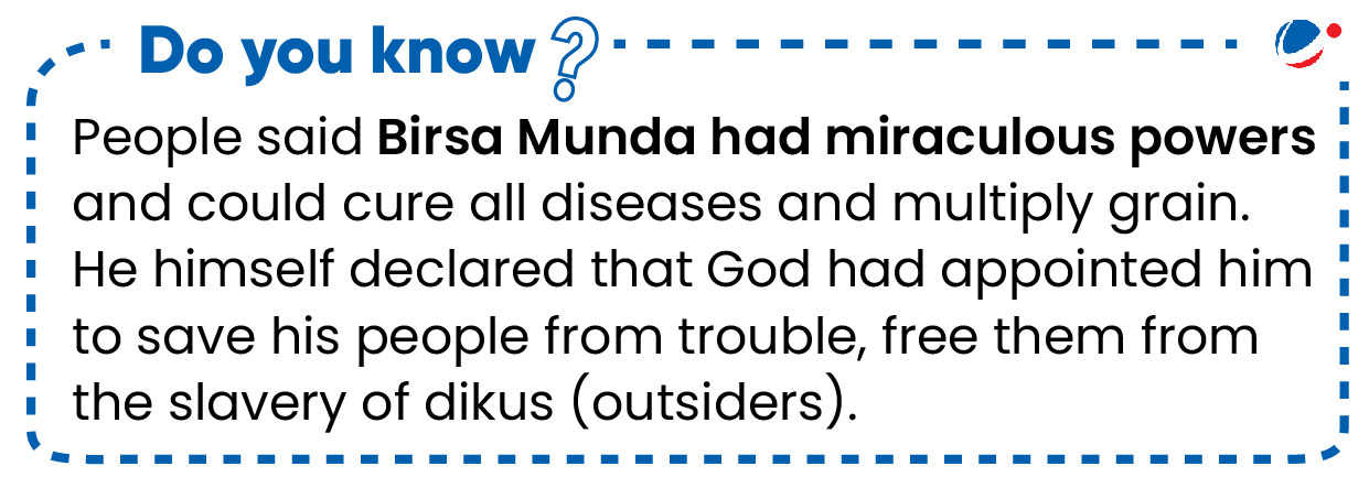 Infographic describing a "Do you know?" fact about Birsa Munda where people believed that he had miraculous powers.