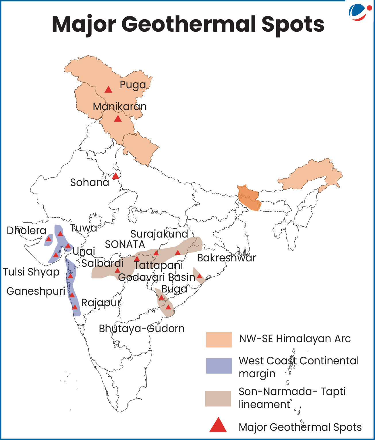 A map showing major geothermal spots in India