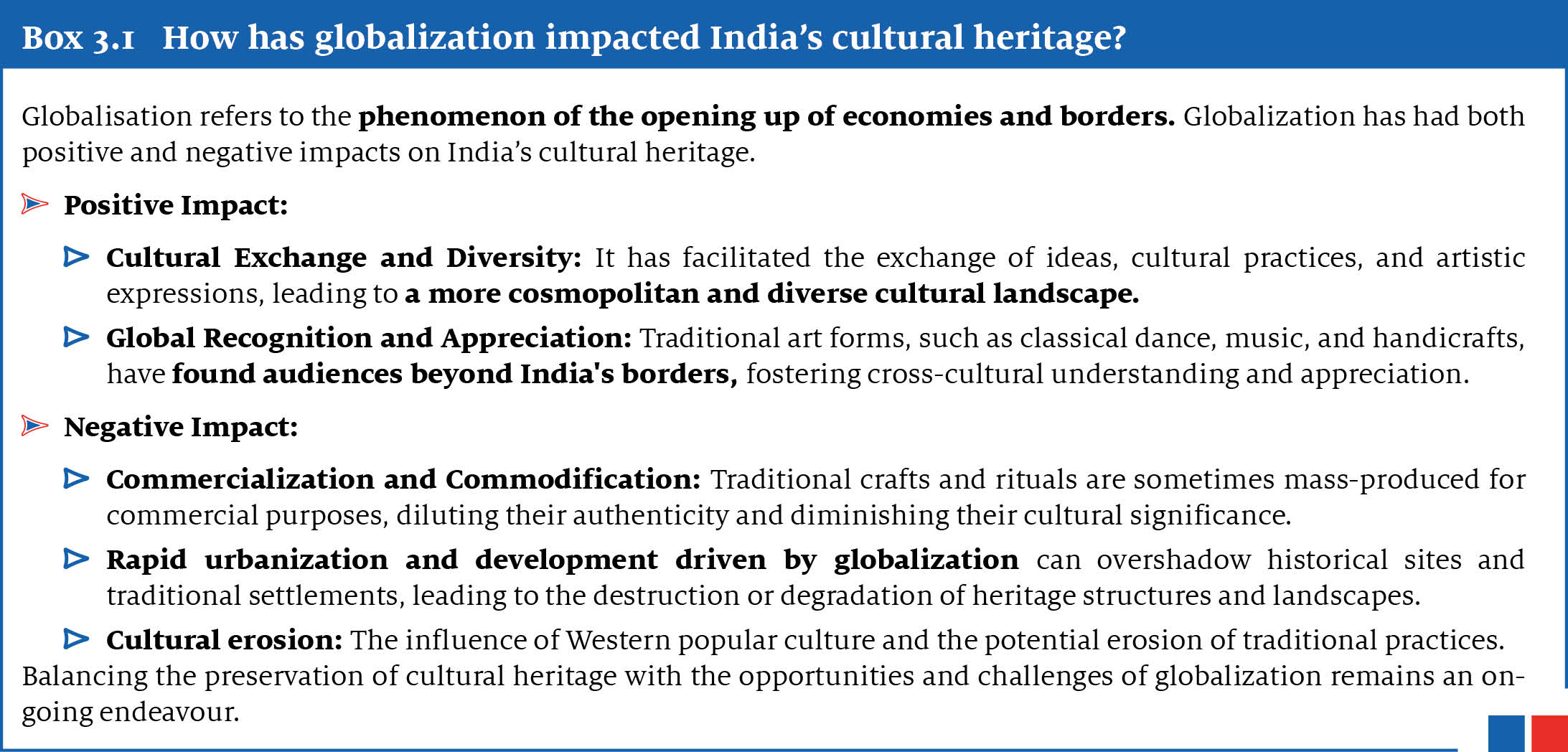 In the given image there is discussion about negative and positive impact of globalisation on India's cultural heritage.