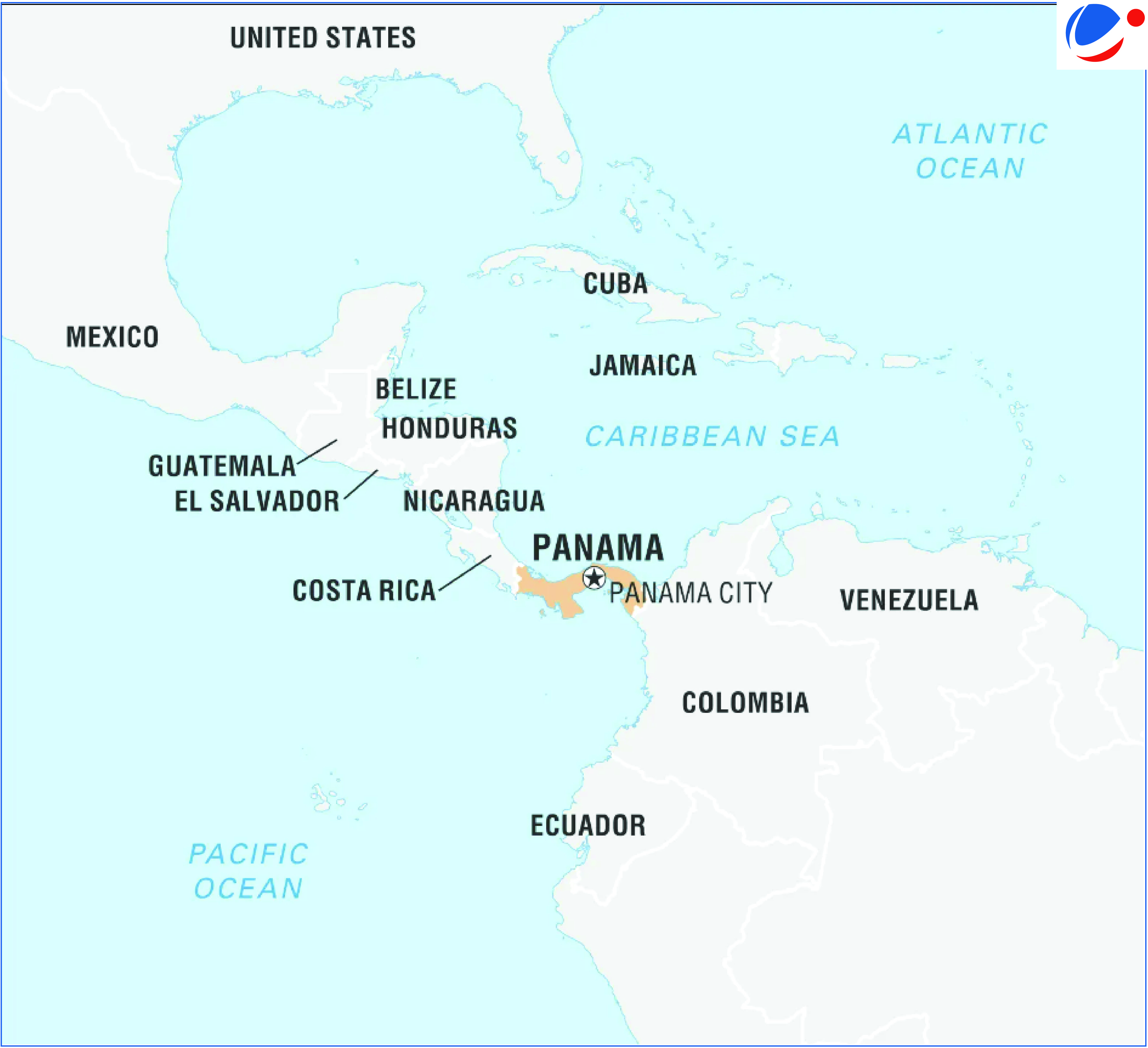 A map highlighting Panama in Central America. Neighboring countries and regions include Costa Rica, Colombia, Nicaragua, Honduras, El Salvador, Guatemala, Mexico, Belize, Cuba, Jamaica, and Venezuela. Oceans labeled are the Pacific Ocean and the Atlantic Ocean.