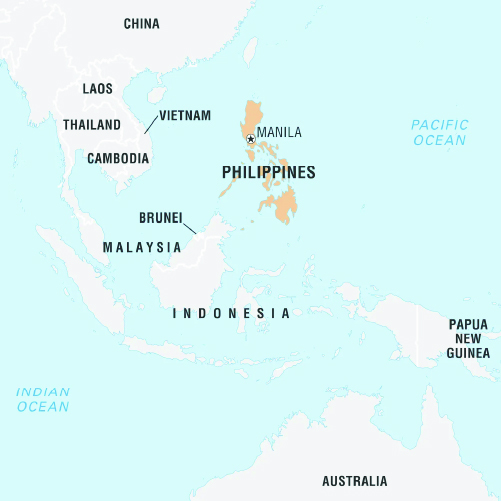 A map of Southeast Asia highlighting the Philippines in orange with its capital, Manila, marked. Surrounding countries such as China, Vietnam, Laos, Cambodia, Thailand, Malaysia, Brunei, Indonesia, Papua New Guinea, and Australia are labeled in grey.