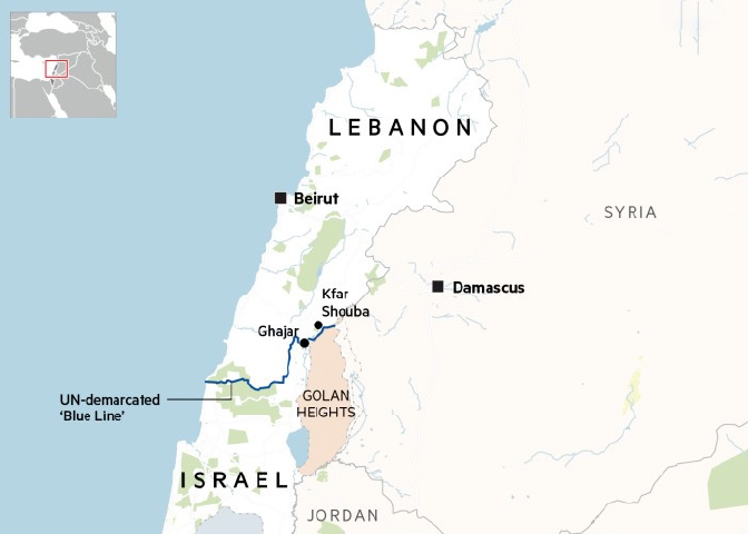 A detailed map of the Middle East, highlighting Lebanon, Syria, Jordan, and Israel. Key locations such as Beirut, Damascus, Ghajar, and Kfar Shouba are marked, as well as the Golan Heights. The UN-demarcated "Blue Line" border between Lebanon and Israel is shown. Inset provides regional context.