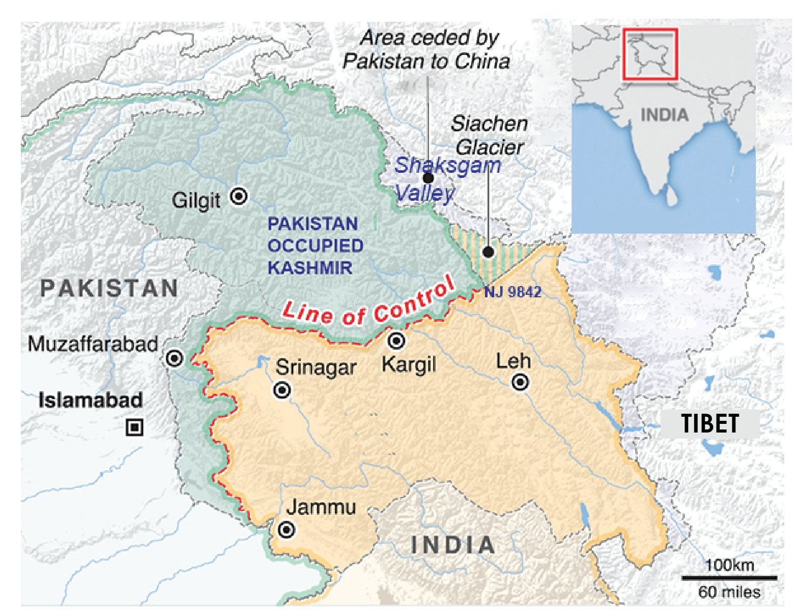 Map depicting the Line of Control in the Kashmir region, showing areas administered by Pakistan, India, and China. It labels key locations including Gilgit, Muzaffarabad, Srinagar, Kargil, Leh, Jammu, and Siachen Glacier, and includes an inset of the region within South Asia.