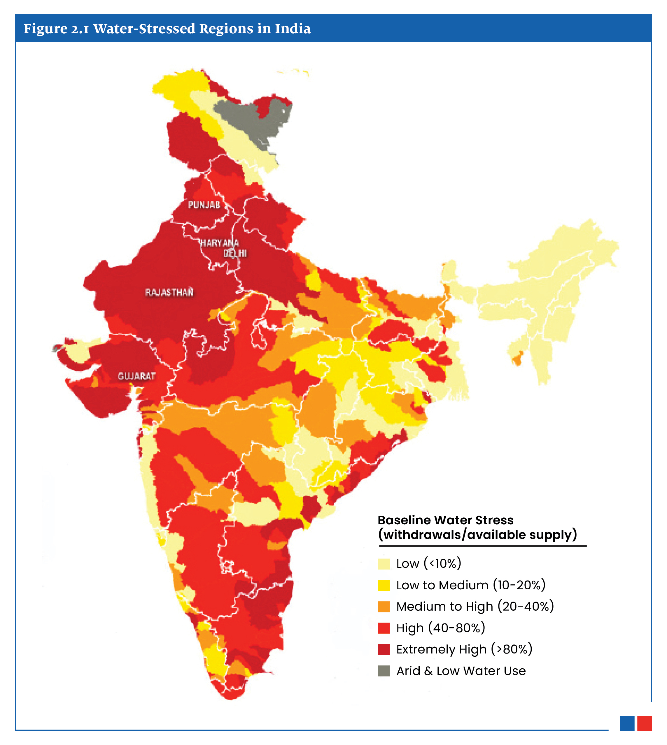 This image shows a map of India highlighting water-stressed regions using different colors, from pale yellow (low stress, <10%) to deep red (extremely high stress, >80%), with states like Punjab, Haryana, Delhi, and Rajasthan showing the highest levels of water stress.