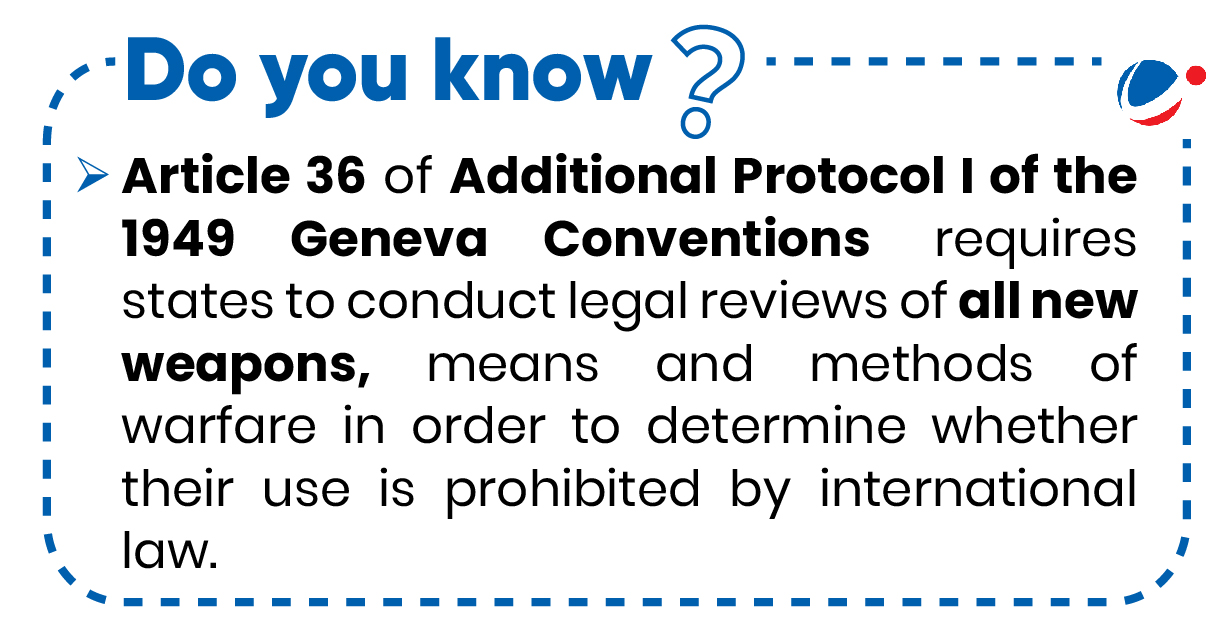 An infographic titled "Do you know?" stating that Article 36 of Additional Protocol I of the 1949 Geneva Conventions requires states to conduct legal reviews of all new weapons, means and methods of warfare in order to determine whether their use is prohibited by international law.