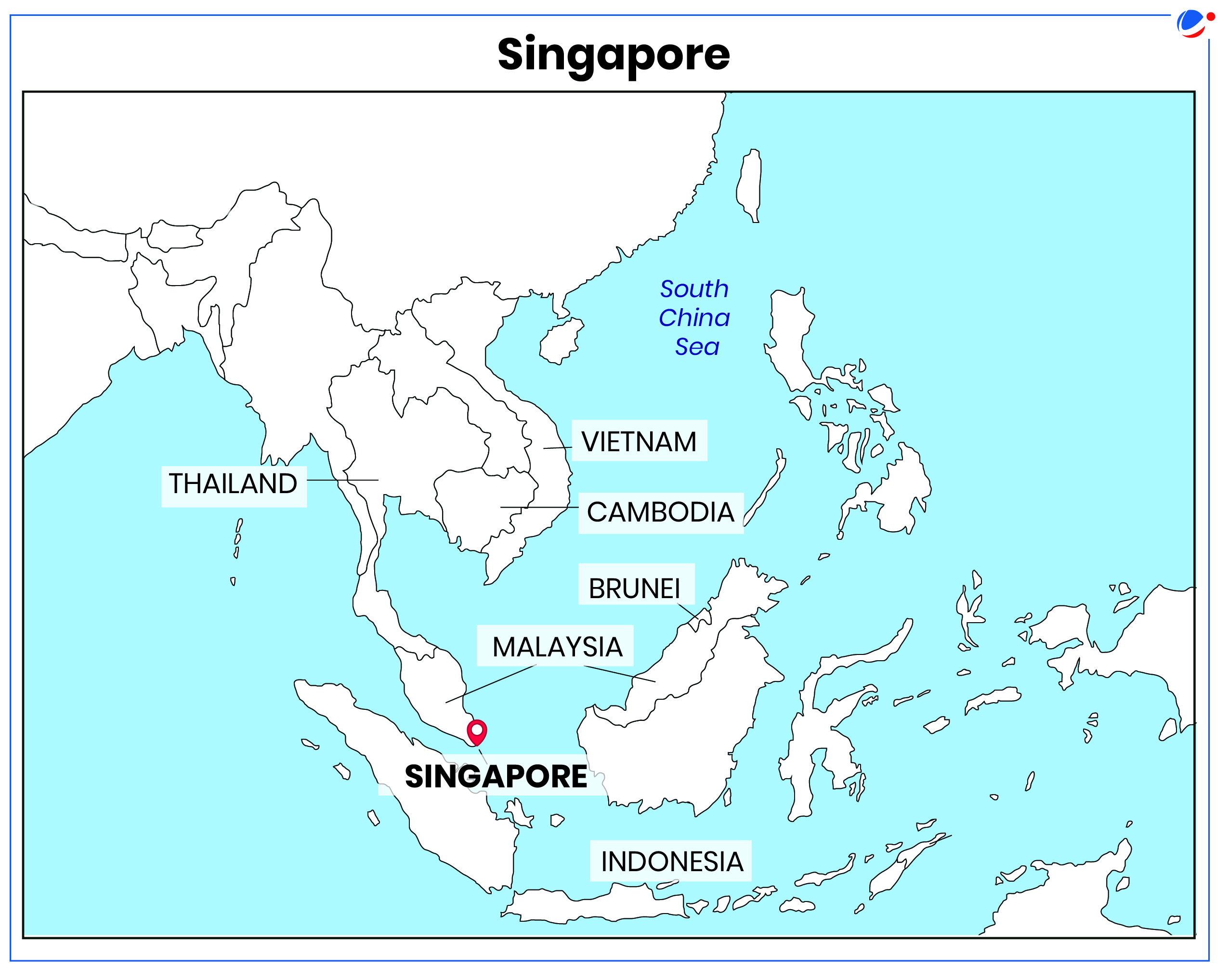 It gives location of Singapore on world map along with neighbouring countries.