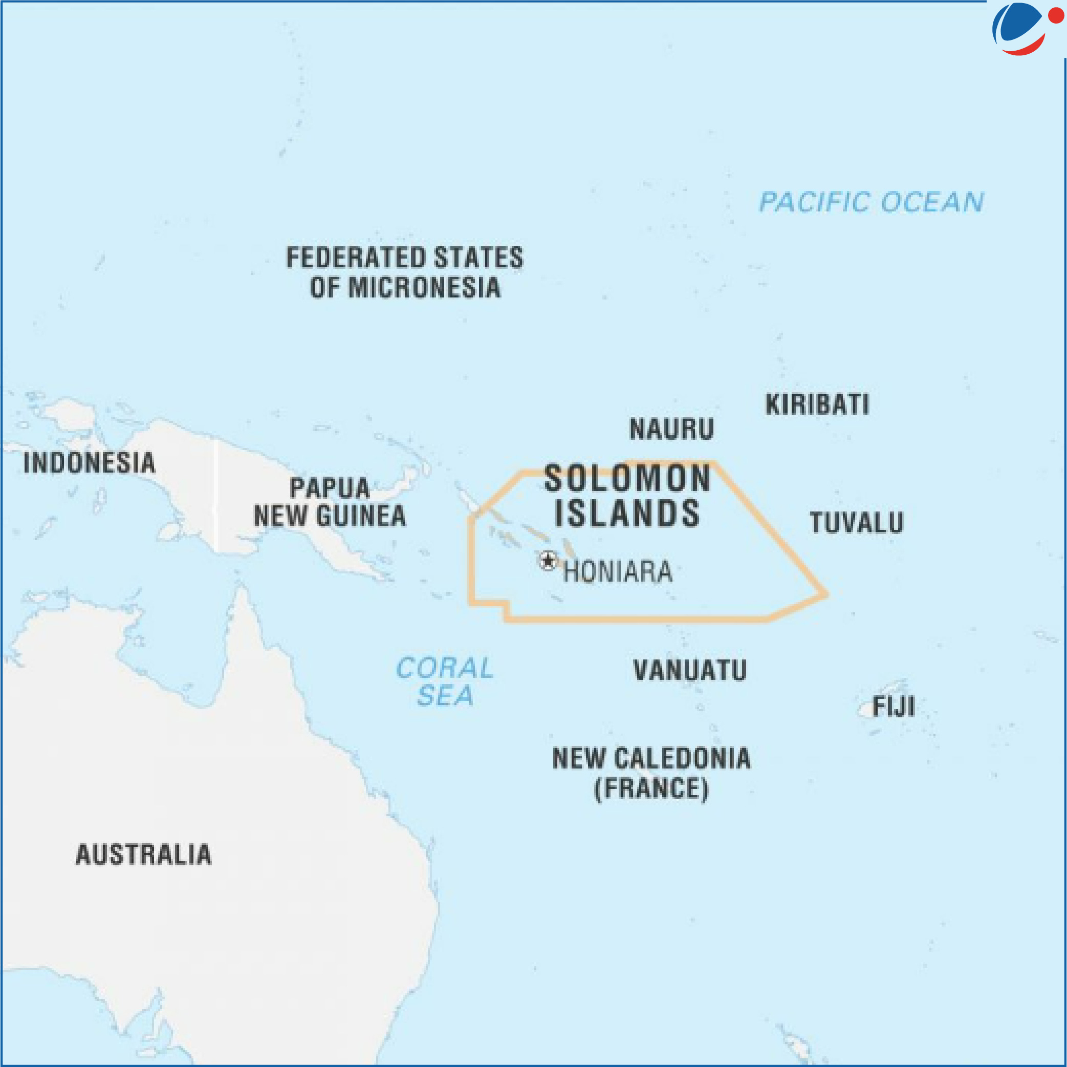 A map showing Solomon Islands in the Pacific Ocean. Capital City Honiara and other nearby islands including Fiji, Tuvalu, Kiribati, etc. are also shown in the map