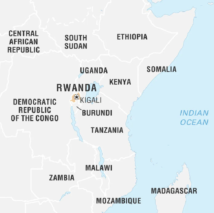 A map of Central and East Africa highlighting Rwanda and its capital, Kigali. Neighboring countries shown include Uganda, Tanzania, Burundi, the Democratic Republic of the Congo, and others like Kenya, Ethiopia, Somalia, South Sudan, and more. The Indian Ocean is to the east.