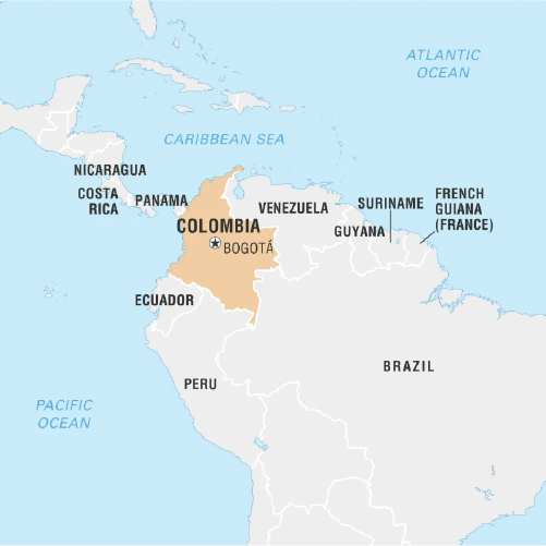 A map showing Colombia with its capital Bogota. It shows Colombia border countries including Venezuela, Brazil, Panama, Peru, Ecuador.