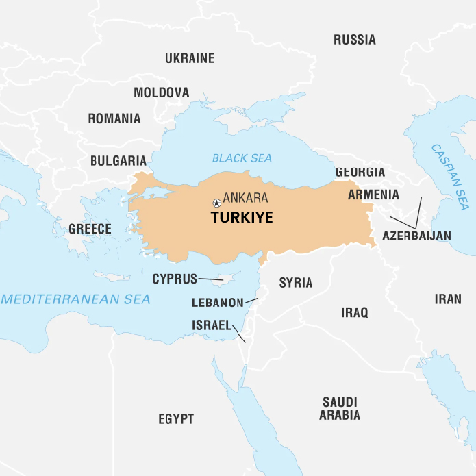 An illustrated map of Turkey showcasing the nation and its capital, Ankara, along with surrounding countries 