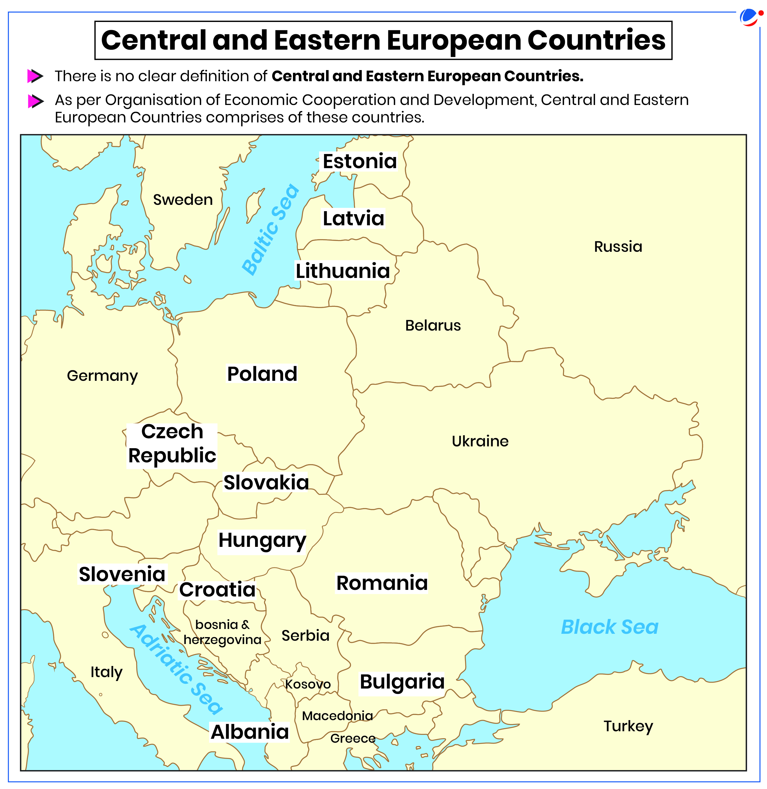 An infographic map highlighting countries in the Central and Eastern Europe including Estonia, Latvia, Lithuania, Poland, Czech Republic, Slovaia, Hungary, Slovenia, Croatia, Romania, Bulgaria, Albania.