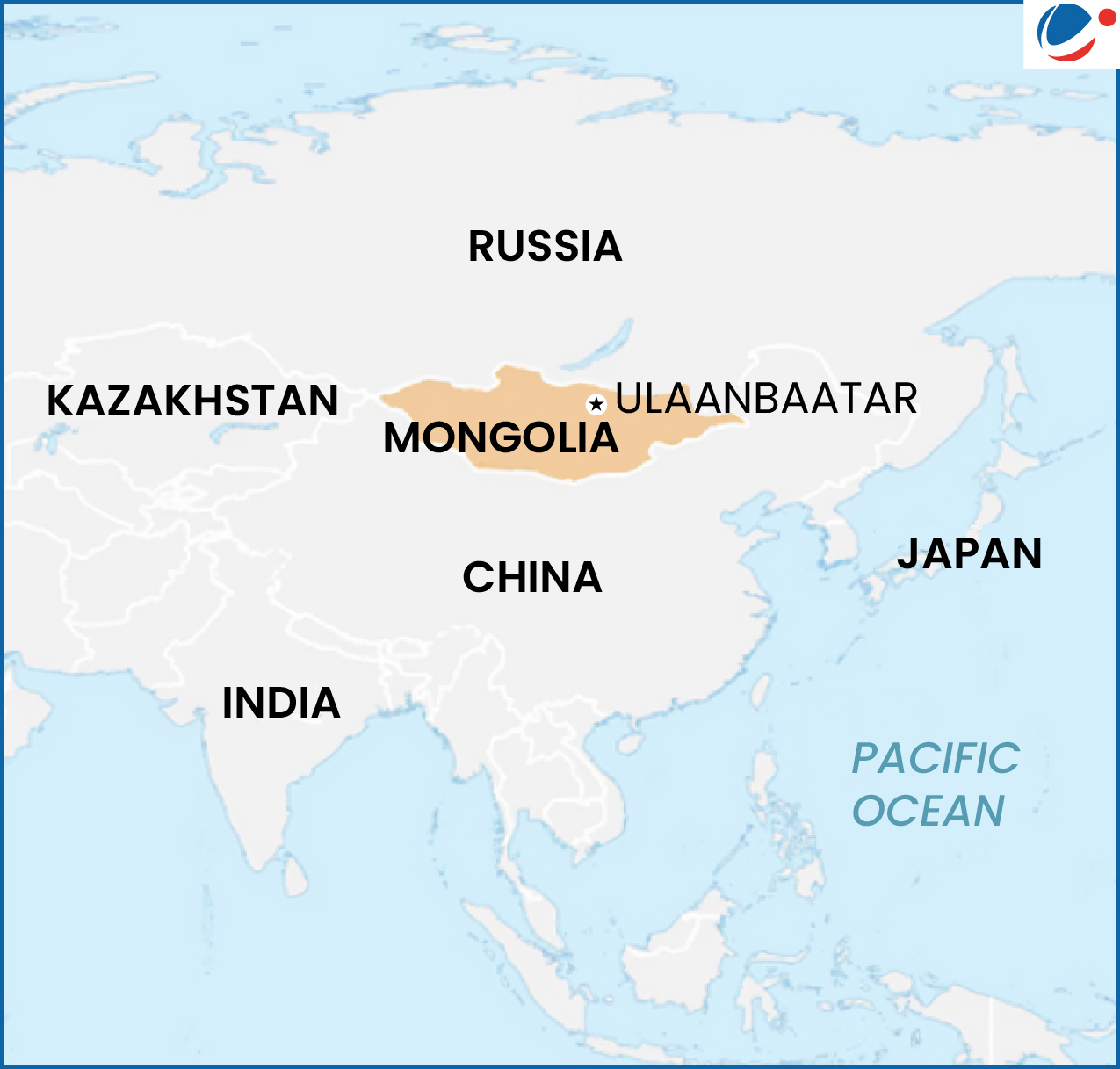 Map showing Mongolia (in orange) with its capital Ulaanbaatar, bordered by Russia to the north and China to the south.