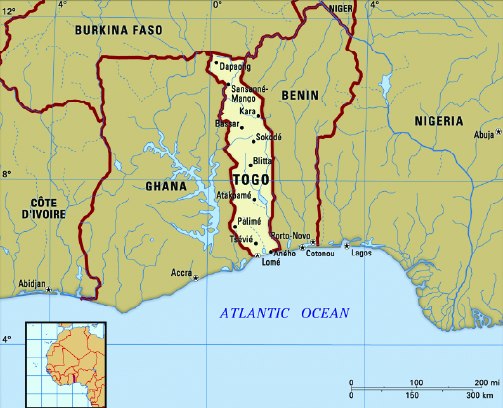 A map of Togo and its surrounding countries in West Africa. Key locations, including the capital city Lomé, are labeled. Neighboring countries Burkina Faso, Benin, Nigeria, Ghana, and Côte d'Ivoire are shown. An inset in the bottom left highlights Togo's location in Africa.