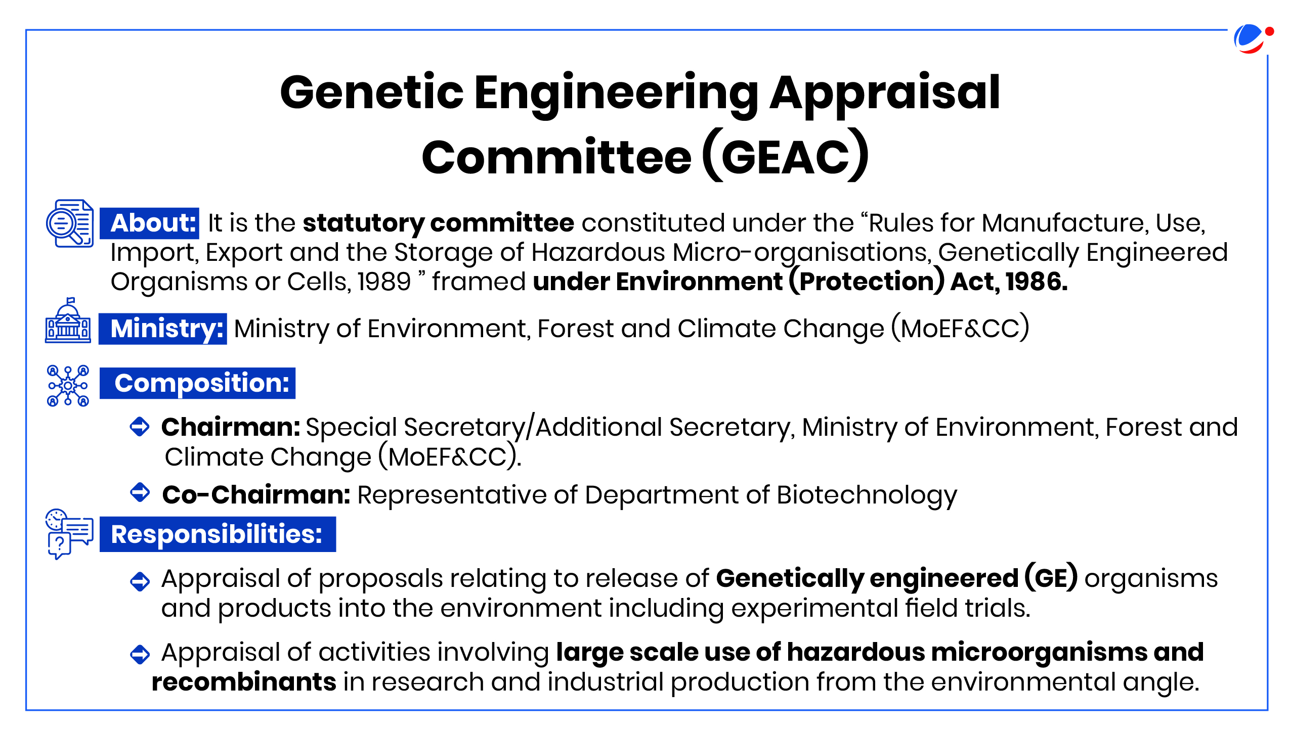 A slide titled "Genetic Engineering Appraisal Committee (GEAC)." It lists the mandate under the Environment (Protection) Act, 1986, names the Ministry of Environment, Forest and Climate Change (MoEF&amp;CC), details the composition, and outlines the committee's responsibilities.