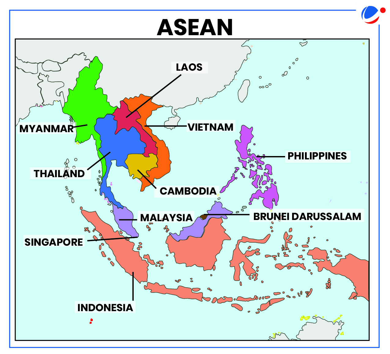 An image depicting the Association of Southeast Asian Nations (ASEAN) and its member countries. The map shows the geographical location of each member state, highlighting their presence in Southeast Asia.