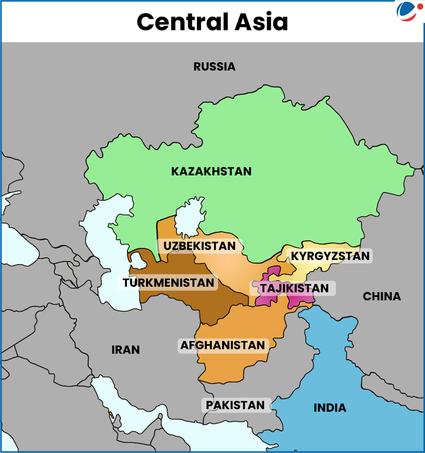Political map of Central Asia highlighting the five Central Asian republics—Kazakhstan (green), Uzbekistan (brown), Turkmenistan (dark brown), Kyrgyzstan (light yellow), and Tajikistan (pink). Surrounding countries like Russia, China, Afghanistan, Iran, Pakistan, and India are shown in grey with labeled borders. The map provides a clear regional context of Central Asia's geographic location.