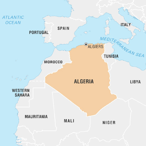 A clear map of Algeria displaying its borders and neighbouring countries. 