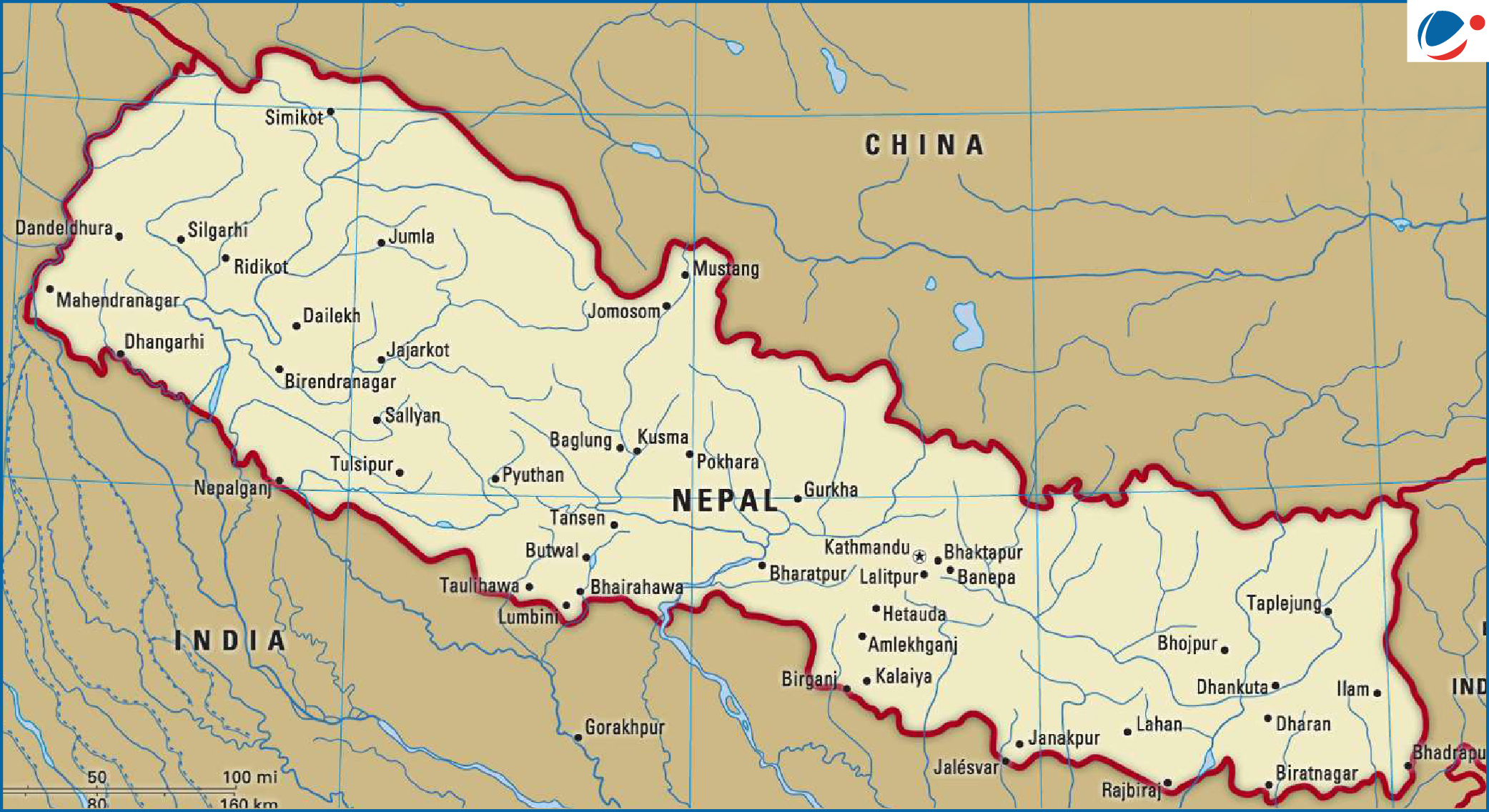 Political map of Nepal showing its international borders with India and China, major rivers, and key cities such as Kathmandu, Pokhara, Biratnagar, Bhairahawa, Janakpur, Simikot, Mustang, and Mahendranagar.”
