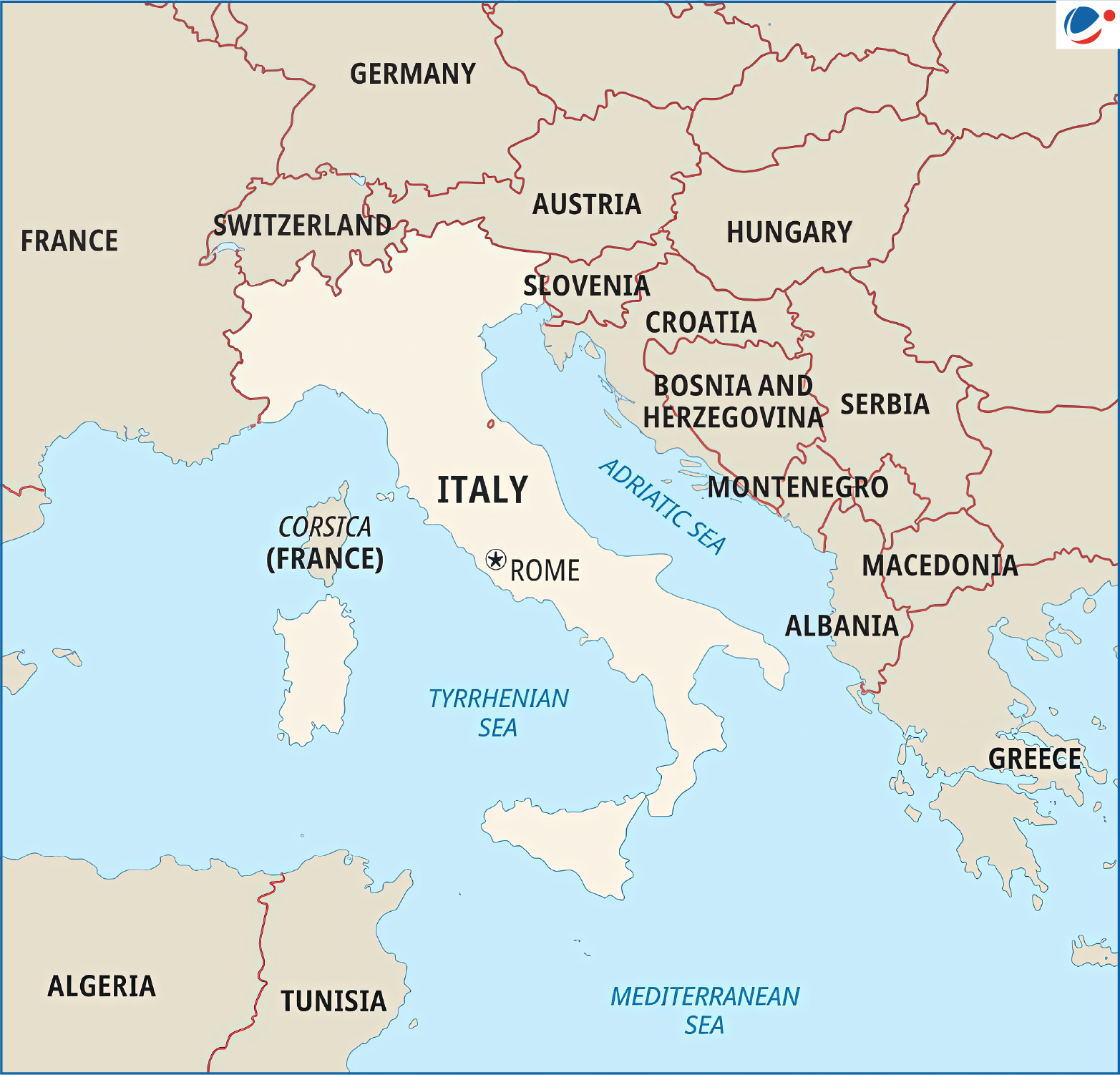 Map of Italy showing neighboring countries and seas — France, Switzerland, Austria, Slovenia, Croatia, and others. Major seas include the Adriatic, Tyrrhenian, and Mediterranean. Rome is marked as the capital.