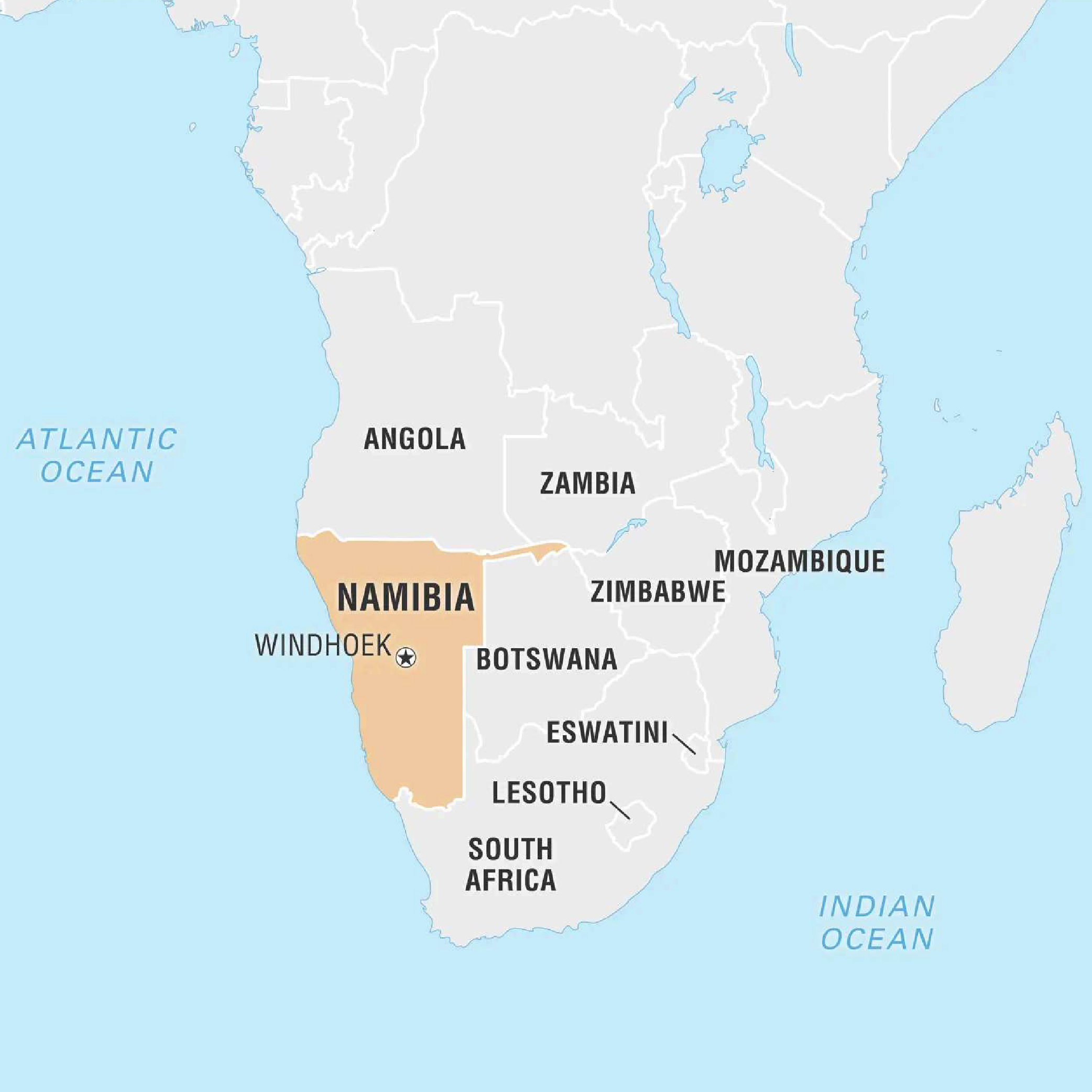 A map showing Namibia in Africa
