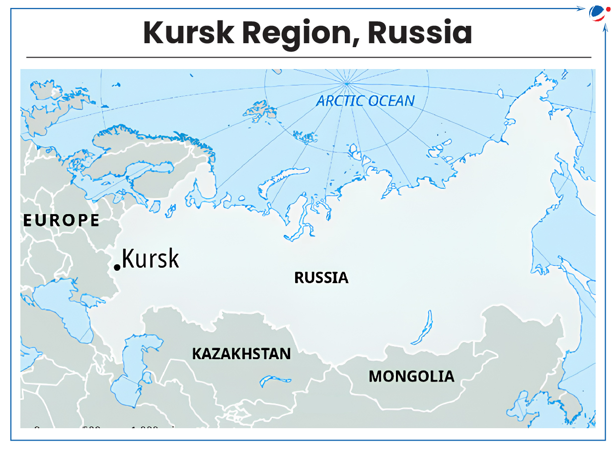 An image showing Russia, its Kursk region, and part of Europe.