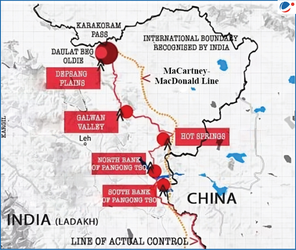 A map of the India-China border showing disputed territories in the Western Sector. Various lines involving the dispute include the International Boundary Recognized by India, MaCartney-MacDonald Line, and Line of Actual Control. Other areas shown include Depsang Plains, Galwan Valley, Pangong Tso Lake, and Hot Spring.