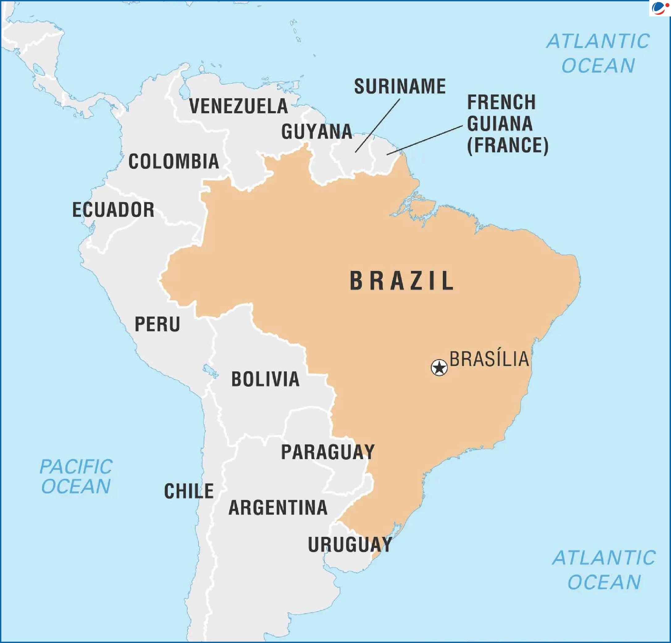 Map of South America highlighting Brazil in orange with neighbors like Venezuela, Peru, Bolivia, Argentina, and Uruguay shown in grey. The Atlantic Ocean lies to the east and Brasília is marked with a star.