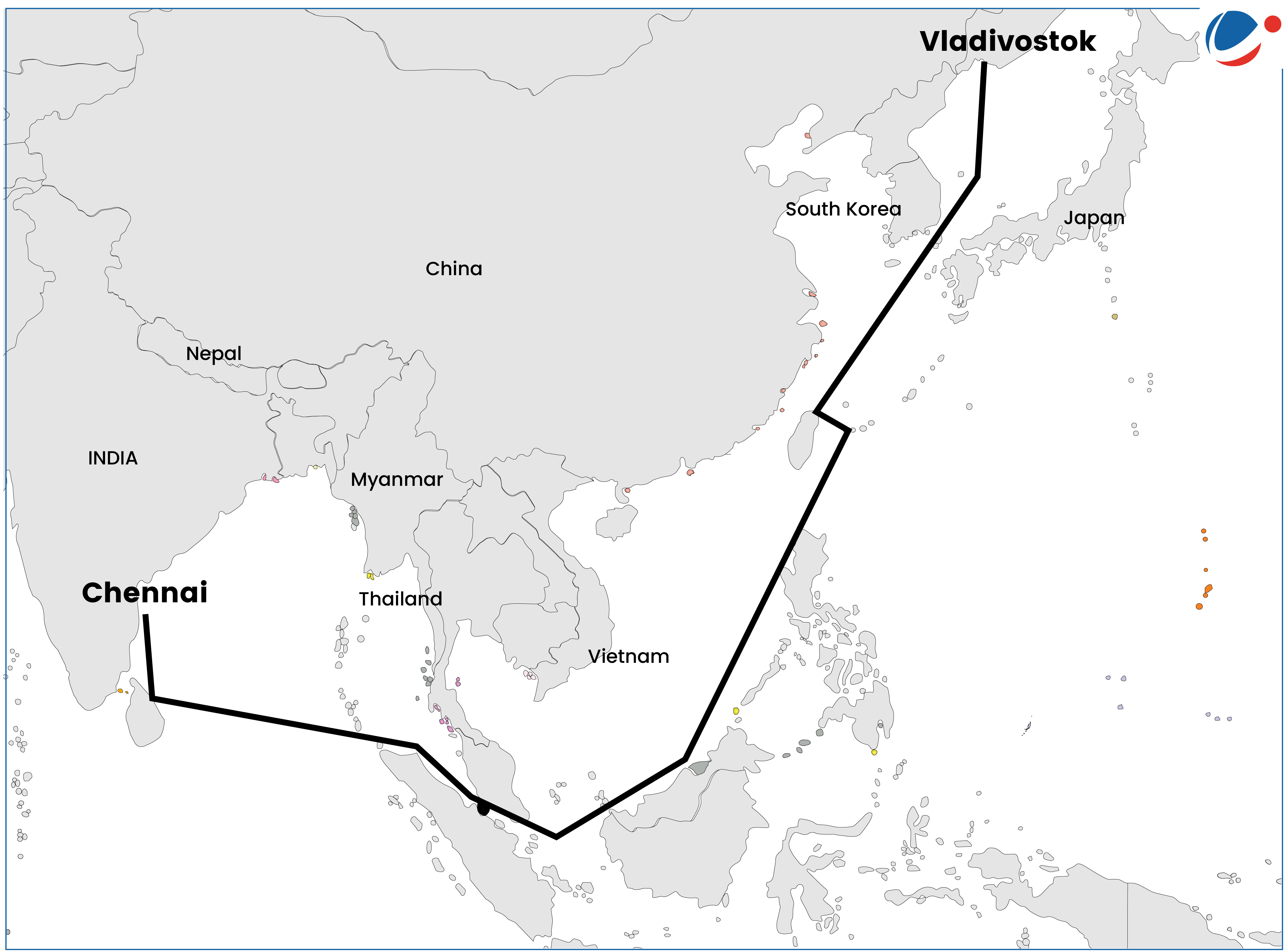  A map showing the Chennai-Vladivostok Eastern Maritime Corridor, with a marked route passing through the Bay of Bengal, Southeast Asia, and East Asia.