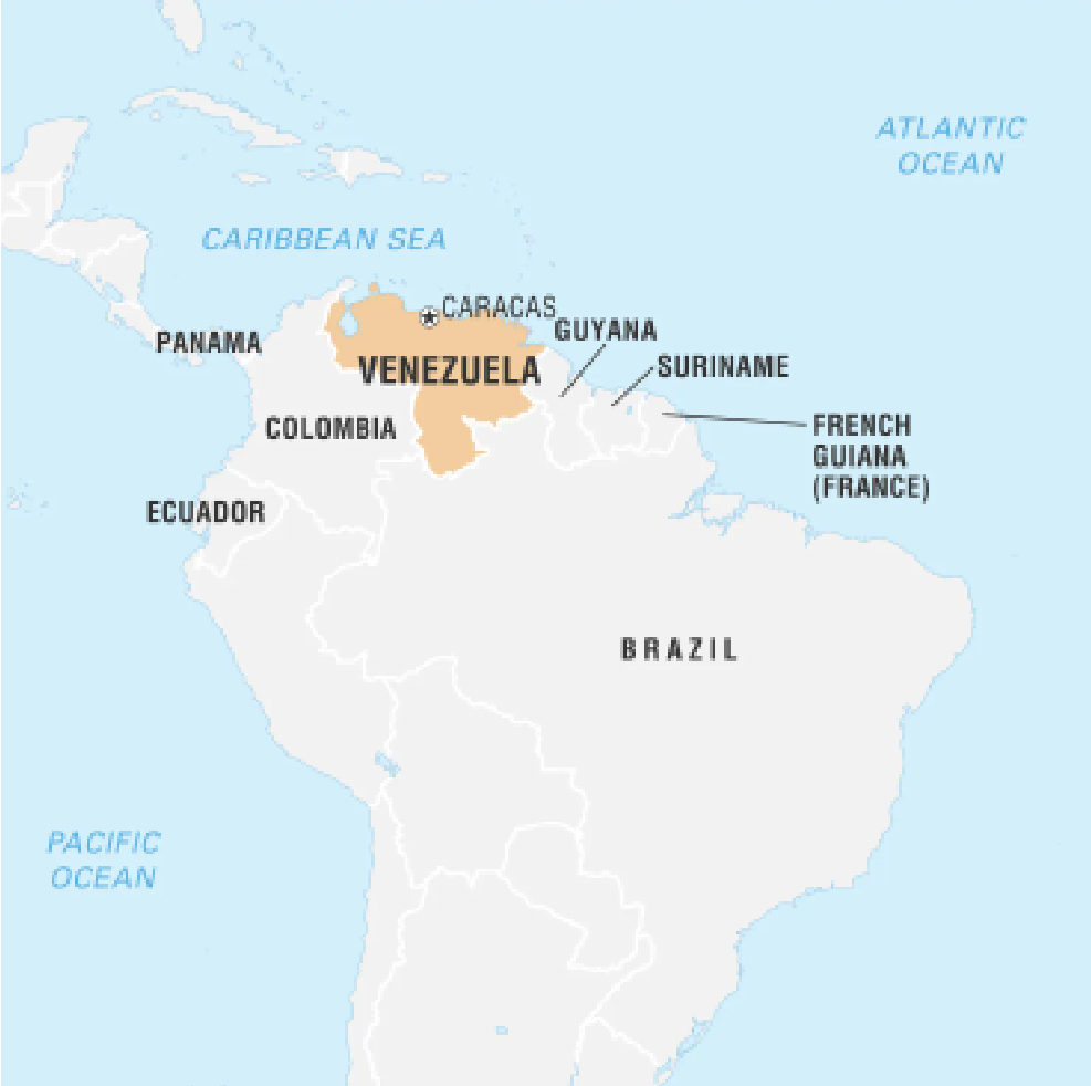 A map of northern South America highlighting Venezuela in brown. Neighboring countries include Colombia to the west, Brazil to the south, and Guyana to the east. Nearby are Panama, Ecuador, Suriname, and French Guiana, with the Caribbean Sea to the north and the Atlantic Ocean to the northeast.