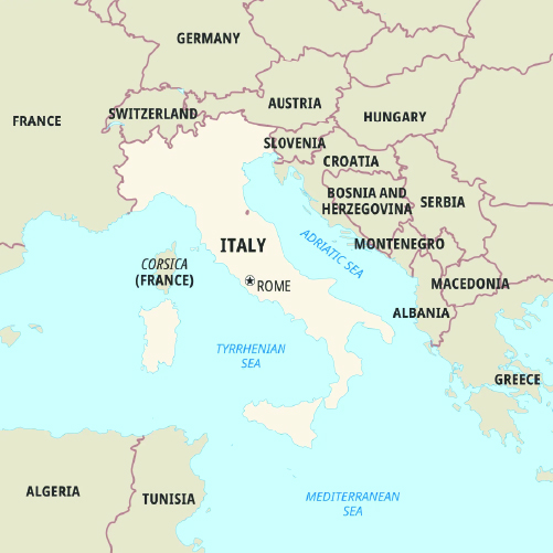 Map highlighting Italy and its surrounding countries in Europe, including France, Switzerland, Austria, Slovenia, Croatia, Bosnia and Herzegovina, Serbia, Montenegro, Albania, Macedonia, and Greece. It also labels Corsica (France), the Tyrrhenian Sea, and the Adriatic Sea.