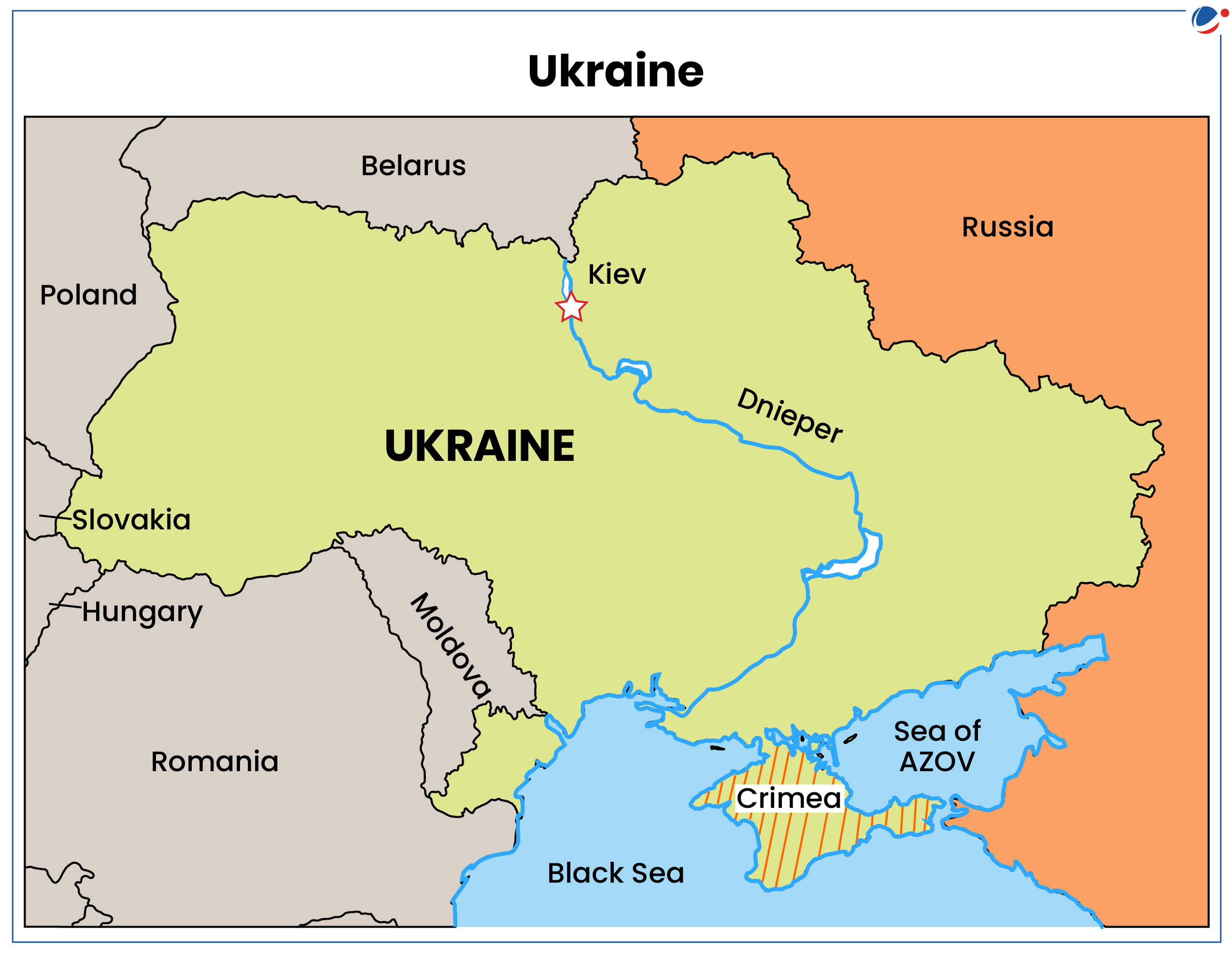 An infographic map showing Ukraine along with its neighbouring countries Russia to the East; Belarus to the North; Poland to the Northwest; Slovakia, Hungary, Romania, and Moldova to the West. It also shows Black Sea and the Sea of Azov to the South of Ukraine. 