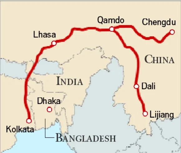 Map showing Tea Horse road conecting Lijiang city in south china to Lhasa in Tibet and then to India