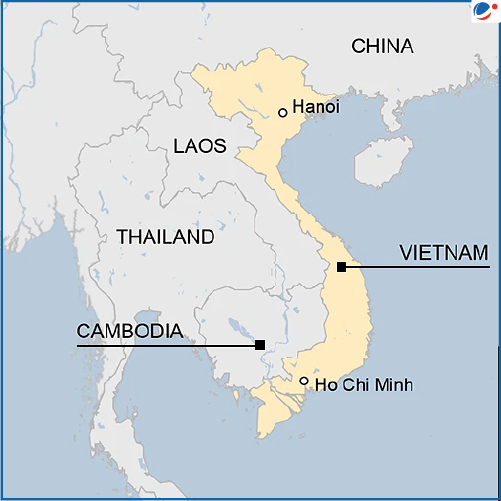 Map showing Vietnam highlighted in yellow, with neighboring countries China, Laos, Cambodia, and Thailand labeled, along with Hanoi and Ho Chi Minh City.
