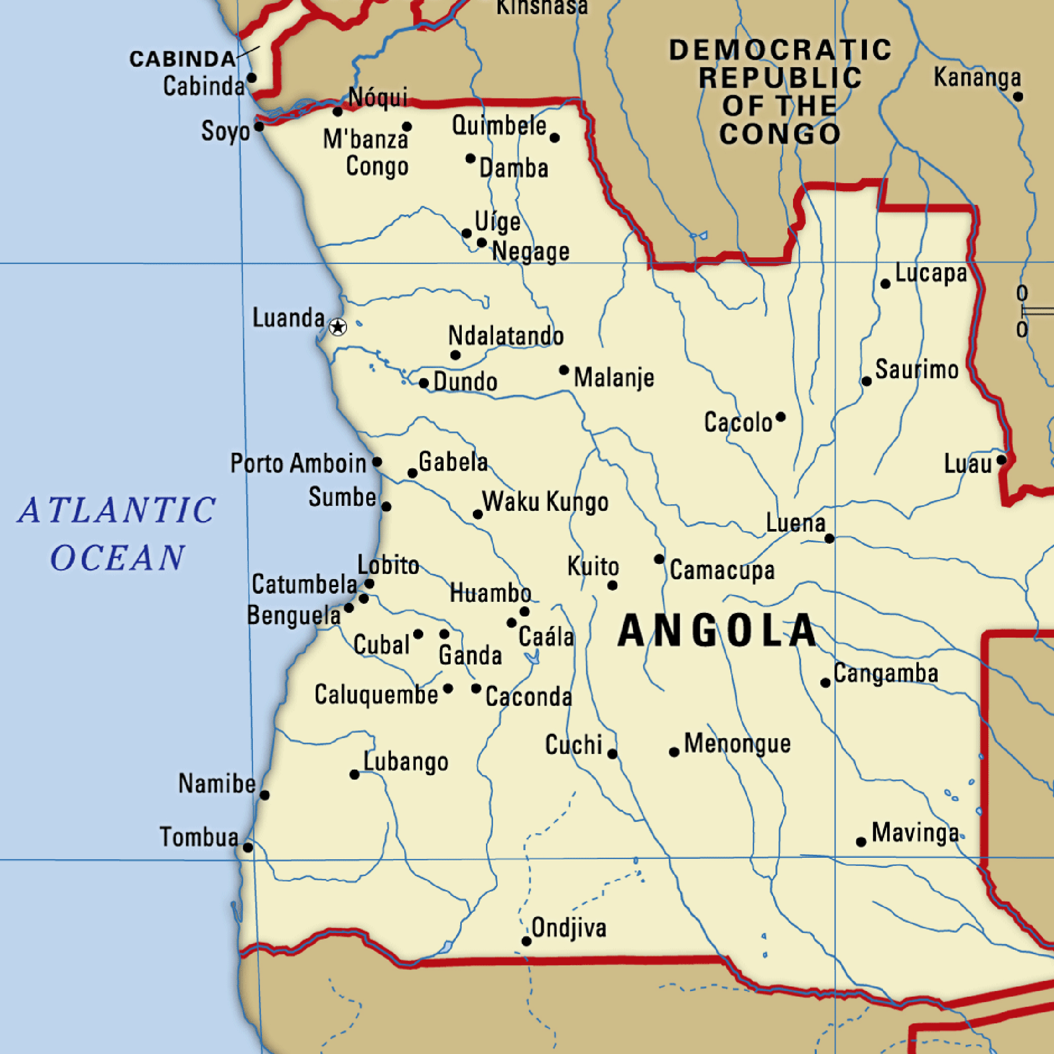Map of Angola with its neighbouring countries